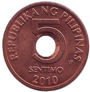Монета 5 сентимо. 2010 год, Филиппины.