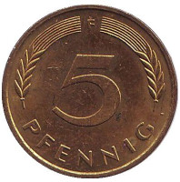 Дубовые листья. Монета 5 пфеннигов. 1991 год (F), ФРГ.