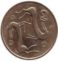 Монета 2 цента. 1994 год, Кипр. Козлы. Монета 2 цента. 1994 год, Кипр. Козлы.
