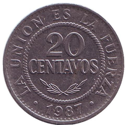 Монета 20 сентаво. 1987 год, Боливия.