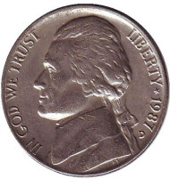 Монета 5 центов. 1987 год (D), США. Джефферсон. Монтичелло. Монета 5 центов. 1987 год (D), США. Джефферсон. Монтичелло.