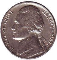 Джефферсон. Монтичелло. Монета 5 центов. 1987 год (D), США.