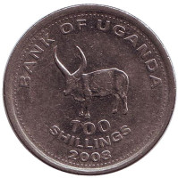 Африканский бык. Монета 100 шиллингов. 2008 год, Уганда. (магнитные)