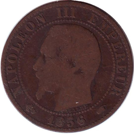 Монета 5 сантимов. 1856 год (A), Франция. Наполеон III.