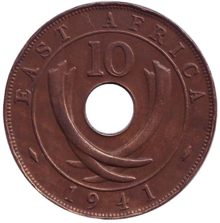 Монета 10 центов, 1941 год, Восточная Африка. Отметка монетного двора "I" - Бомбей.