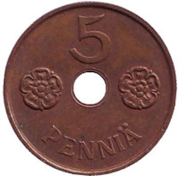 Монета 5 пенни. 1941 год, Финляндия.