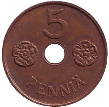 Монета 5 пенни. 1941 год, Финляндия.