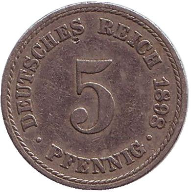 Монета 5 пфеннигов. 1898 год (А), Германская империя.