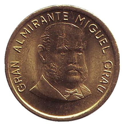Монета 10 сентимов. 1985 год, Перу. aUNC. Мигель Грау.