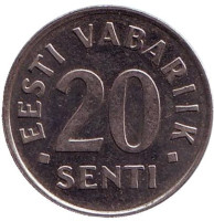 Монета 20 сентов. 1997 год, Эстония.