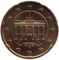 Монета 20 центов. 2003 год (D), Германия.