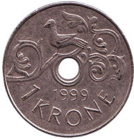 Монета 1 крона. 1999 год, Норвегия. Птица на виноградной лозе. Монета 1 крона. 1999 год, Норвегия. Птица на виноградной лозе.