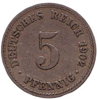 Монета 5 пфеннигов. 1902 год (A), Германская империя. Монета 5 пфеннигов. 1902 год (A), Германская империя.