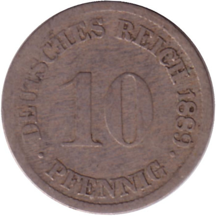 Монета 10 пфеннигов. 1889 год (G), Германская империя.
