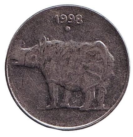 Монета 25 пайсов, 1998 год, Индия. ("°" - Ноида) Носорог.
