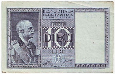 Банкнота 10 лир. 1935 год, Италия.