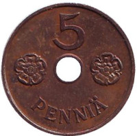 Монета 5 пенни. 1942 год, Финляндия.