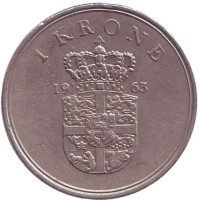 Монета 1 крона. 1963 год, Дания. C;S