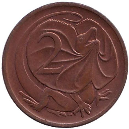 Монета 2 цента. 1980 год, Австралия. Из обращения. Плащеносная ящерица.