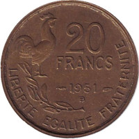 Монета 20 франков. 1951-В год, Франция. "G. Guiraud", 4 пера.