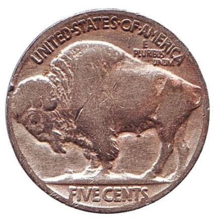 Монета 5 центов. 1918 год (P), США. Бизон. Индеец.
