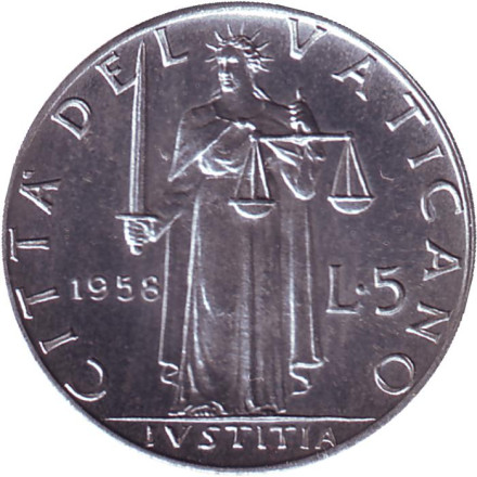 Монета 5 лир. 1958 год, Ватикан. Богиня правосудия.