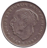 Монета 2 марки. 1970 год (J), ФРГ. Теодор Хойс. Монета 2 марки. 1970 год (J), ФРГ. Теодор Хойс.