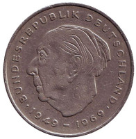Теодор Хойс. Монета 2 марки. 1970 год (J), ФРГ. 