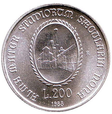 Монета 200 лир. 1988 год, Италия. 900 лет Болонскому университету.