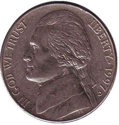 Монета 5 центов. 1997 год (D), США. Джефферсон. Монтичелло.