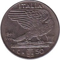 Виктор Эммануил III. Монета 50 чентезимо. 1940 год, Италия. (Магнитные)