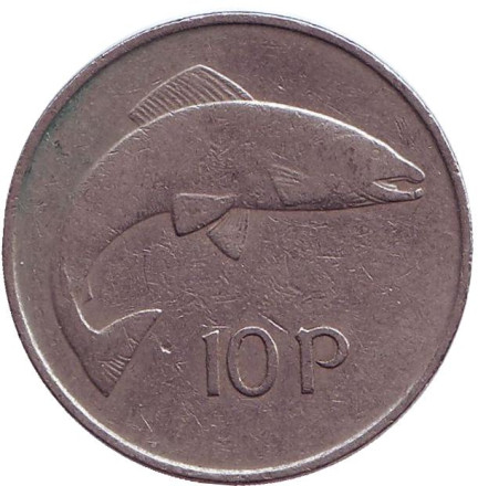 Монета 10 пенсов. 1973 год, Ирландия. Лосось.