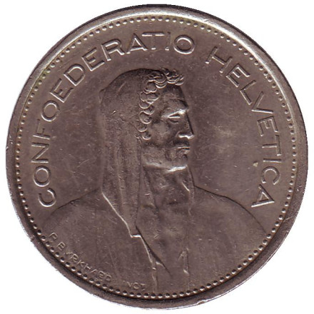 Монета 5 франков. 1968 год, Швейцария. Вильгельм Телль.