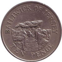 Дольмен. Монета 10 пенсов, 1990 год, Джерси.