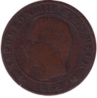 Наполеон III. Монета 5 сантимов. 1856 год (B), Франция.