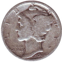 Меркурий. Монета 10 центов. 1936 год, США. Без обозначения монетного двора.