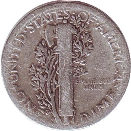 Монета 10 центов. 1936 год, США. Без обозначения монетного двора. Меркурий. Монета 10 центов. 1936 год, США. Без обозначения монетного двора. Меркурий.