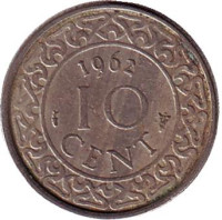 Монета 10 центов. 1962 год, Суринам.