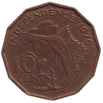 Монета 10 центов. 1976 год, Сейшельские острова. Декларация независимости. Рыба-парусник.