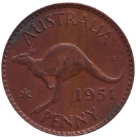 Кенгуру. Монета 1 пенни. 1951 год, Австралия. (Точка после "PENNY")