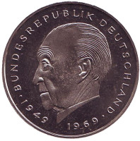 Конрад Аденауэр. Монета 2 марки. 1978 год (J), ФРГ. UNC.