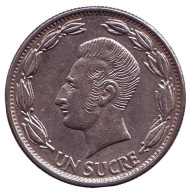 Монета 1 сукре. 1971 год, Эквадор. Антонио Сукре. Монета 1 сукре. 1971 год, Эквадор. Антонио Сукре.