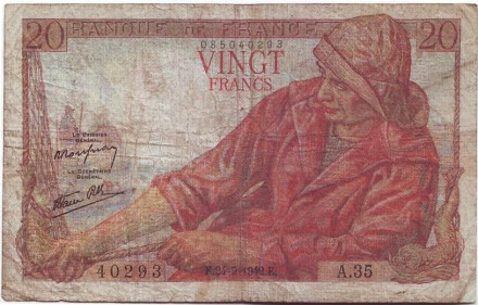 Банкнота 20 франков. 1942 год, Франция. Рыбак.
