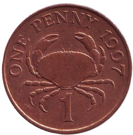 Монета 1 пенни, 1997 год, Гернси. Краб.
