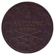 Монета 4 скиллинга. 1849 год, Швеция. Оскар I. Монета 4 скиллинга. 1849 год, Швеция. Оскар I.