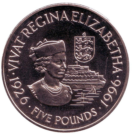 Монета 5 фунтов. 1996 год, Гернси. 70 лет со дня рождения Королевы Елизаветы II.