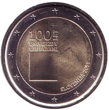 Монета 2 евро. 2019 год, Словения. 100 лет основанию Люблянского университета.