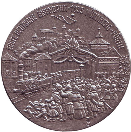 Открытие первой немецкой железной дороги в 1835 г. Нюрнберг - Фюрт. Памятная медаль, Германия.