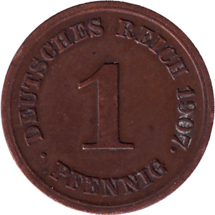 Монета 1 пфенниг. 1907 год (G), Германская империя.