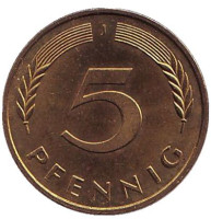 Дубовые листья. Монета 5 пфеннигов. 1991 год (J), ФРГ. 